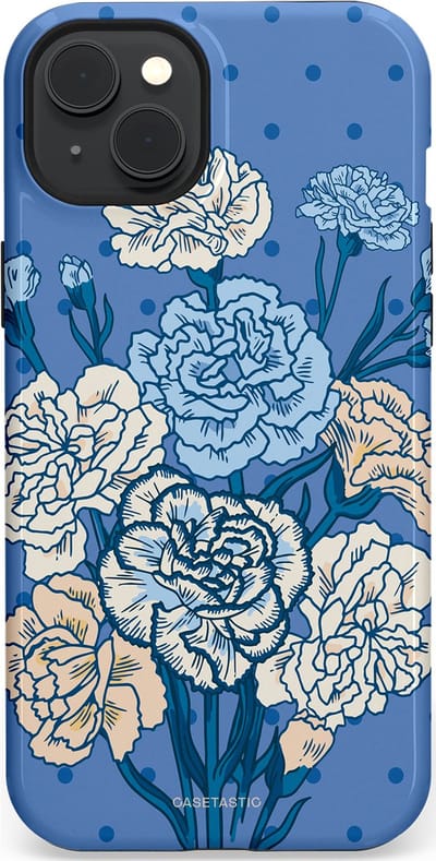 Casetastic hoesje geschikt voor Apple iPhone 15 Plus - MagSafe - Dubbellaagse bescherming - Anjer boeket - Fashion Case - Lavendel Lichtblauw Zilver