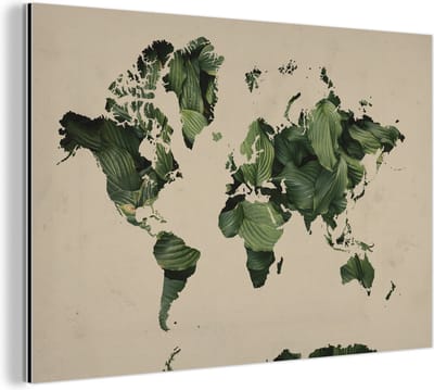 Aluminium schilderij 90x60 cm - Wanddecoratie metaal - Wereldkaart - Bladeren - Groen - Metalen muurdecoratie woonkamer - Decoratie industrieel - Foto op dibond - Industriële accessoires slaapkamer