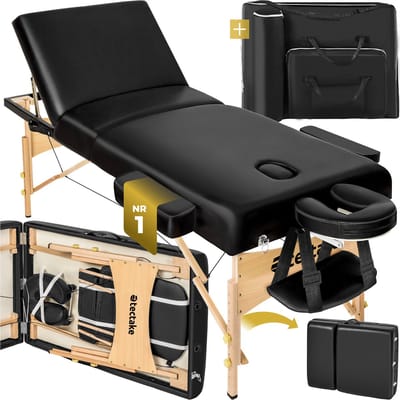 tectake® 3-zone massagetafel - Draagvermogen 250 kg - Mobiele massagebank - Houten frame - Behandeltafel - Inclusief draagtas, hoofdsteun en armleuning - Dikte matras 7,5 cm - In hoogte verstelbaar - Afmeting (LxBxH) 218x102x65 - 90 cm - Zwart