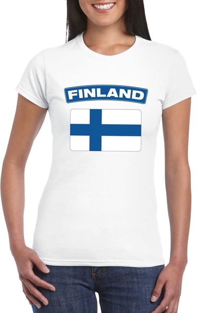 Vlag Finland t-shirt - wit - met vlag van het land print - voor dames - korte mouwen - supporters S