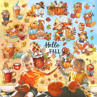 Hallo Herfst Kabouter Pompoen Dubbelzijdig Venster Klampt Herfst Esdoornbladeren Vogelverschrikker Koffie Thee Thanksgiving Anti-Collision Glazen Deuren Raamstickers Decals