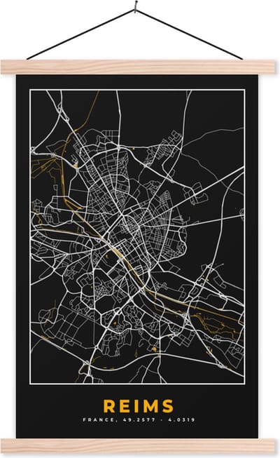 Posterhanger incl. Poster 40x60 cm - Schoolplaat - Stadskaart – Frankrijk – Kaart – Reims - Plattegrond - Textielposter - Blanke latten - Stadskaart