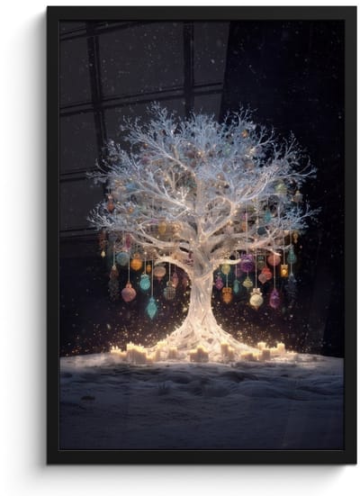Poster in lijst - Fotolijst 40x60 cm - Posters - Sneeuwboom - Lichtjes - Wit - Kleurrijk - Posterlijst zwart - Decoratie - Wanddecoratie woonkamer - Muurdecoratie slaapkamer - Kerstversiering - Kerstdecoratie voor binnen - Kerstmis