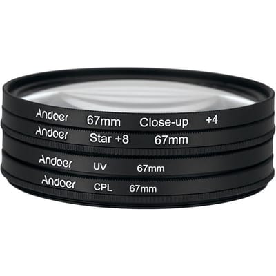 Andoer 67 mm UV+CPL+Close-Up+4 +Ster 8-punts filter Circulaire filterset Circulair polarisatorfilter 67 mm black