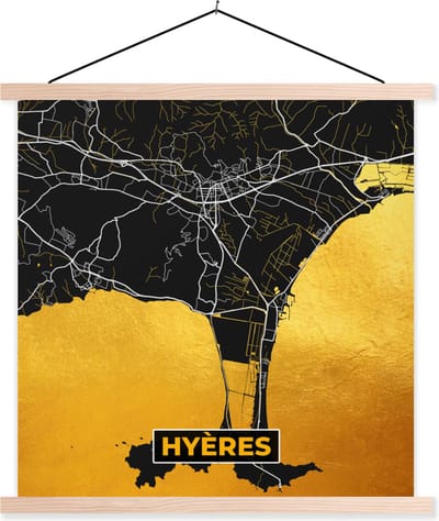 Posterhanger incl. Poster 40x40 cm - Schoolplaat - Stadskaart – Frankrijk – Kaart – Hyères – Plattegrond - Textielposter - Blanke latten - Stadskaart