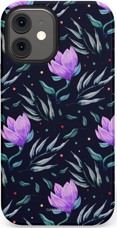 Casetastic hoesje geschikt voor Apple iPhone 12 Mini - Dubbellaagse bescherming - Mystieke bloemenzee - Fashion Case - Donkerblauw Donkergrijs Grijs Lavendel