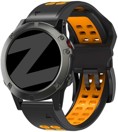 Bandz Sport 'Buckled' siliconen bandje geschikt voor Garmin Fenix 9 (Pro) 47mm - Fenix 8 (Pro-E-47mm) - Fenix 7 (Solar-Pro) - 6 (Solar-Pro) - Fenix 5 (Plus) / Forerunner 970 - 965 - 955 - 945 - 935 - 745 / Quatix 8 - 7 - 6 - 5 - Zwart/Oranje