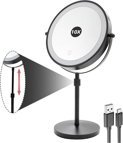 Verlichte Make-upspiegel - Cosmeticaspiegel LED - Nauwkeurig OpMaken - 10x Vergroting Dubbelzijdig - 20 cm Diameter - Zwart
