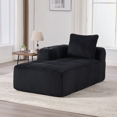 Wishdor Lounge Fauteuil - Chaise Longue met Bekerhouder & Zijvakken - Ribstof (Corduroy) - Zonder Montage - Zwart - 158x93 cm