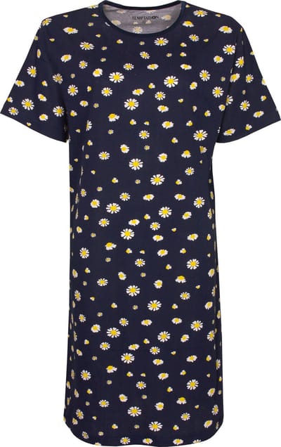 Temptation Dames Nachthemd - Bigshirt - Zonnebloemetjes - Donkerblauw - Maat S