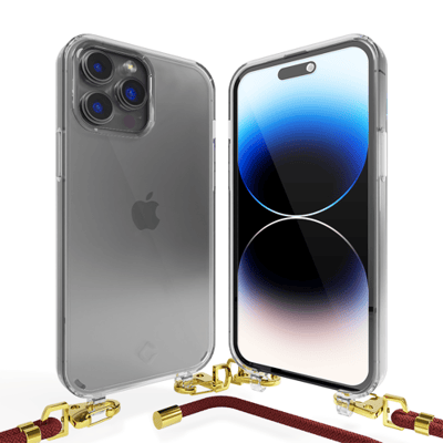 Coverzs telefoonhoesje geschikt voor Apple iPhone 14 Pro transparante case met koord - Telefoonhoesje met koord - Backcover hoesje met koord - touwtje - donkerrood