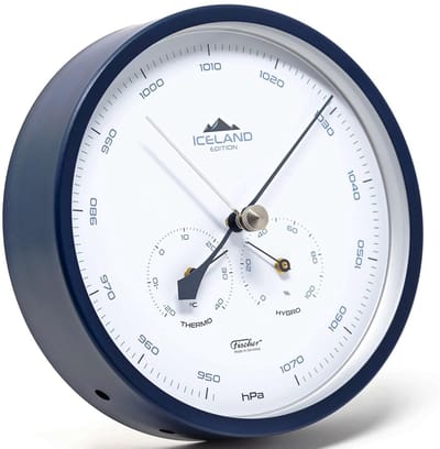 Weerstation Barometer - Binnen en buiten - Weersvoorspelling thuis - Roestvrijstalen behuizing - 160 mm diameter - Staalblauw