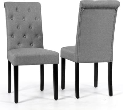 COSTWAY Set van 2 eetkamerstoelen, keukenstoel met rubberen houten poten, gestoffeerde stoel met hoge rugleuning, bijzetstoel, accentstoelen, tot 150 kg belastbaar, voor eetkamer (grijs)