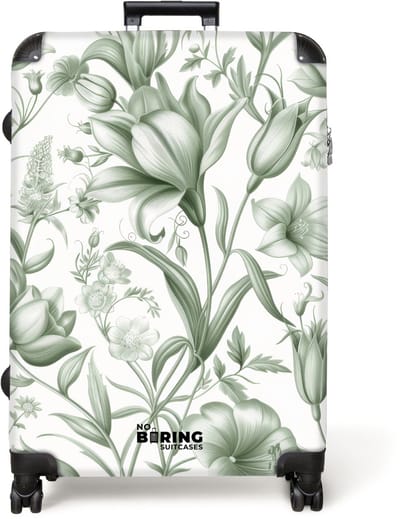 NoBoringSuitcases.com® - Koffer groot - Reiskoffer lichtgewicht - Wit met groene bloemen - Rolkoffer met 4 wielen - Grote trolley XL - 98 liter bagage