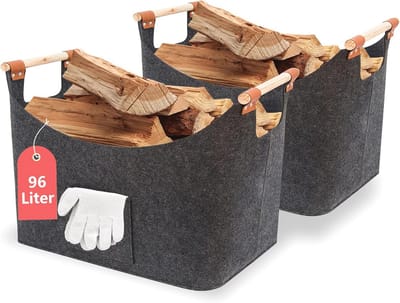 Houten mand voor haardhout set van 2, 90 liter, grote vilten opbergmand met handschoenen