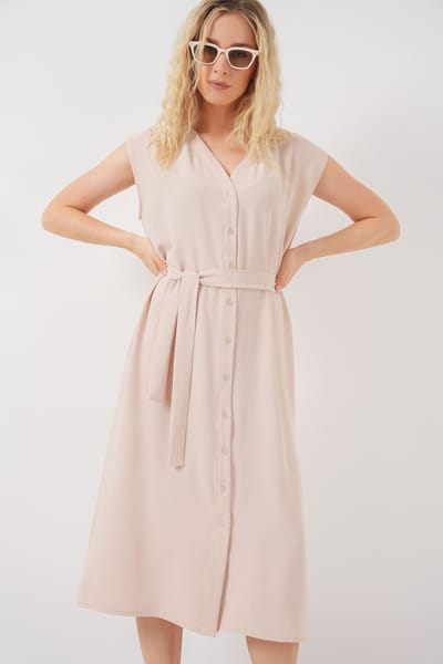 Textuur V-hals Midi-jurk met Knopsluiting