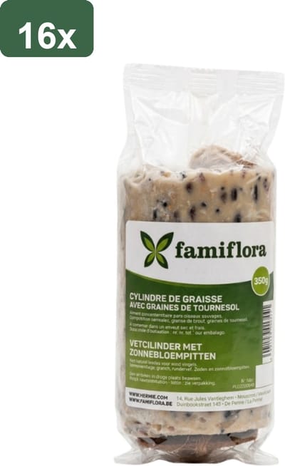 Famiflora vetvoer met zonnebloempitten - Vetcilinder - 16 stuks (= 5,6KG) - 350 gram per stuk - Aanvullend diervoeder voor tuinvogels - 35% talg en 20% zonnebloempitten - Handig ophangtouwtje