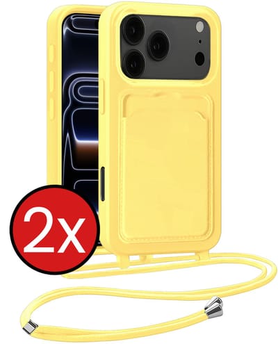 Hoesje Geschikt voor iPhone 17 Pro / 18 Pro Hoesje Met Telefoonkoord en Pasjeshouder Siliconen - Hoes Geschikt voor iPhone 17 Pro / 18 Pro Hoesje Met Kaarthouder Case - Geel - 2 PACK