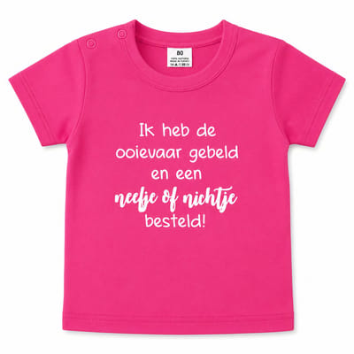 Shirt ik heb de ooievaar gebeld en een nichtje of neefje besteld | korte mouw | roze | maat 56 zwangerschap aankondiging bekendmaking baby