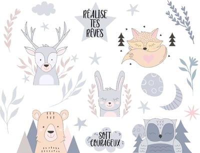 Muurstickers - 5 vrolijke Scandinavische dieren - Transparante achtergrond - 110x140cm