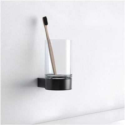 KEUCO tandenborstelhouder matzwart gepoedercoat en transparant kristalglas, glas met houder voor badkamer, tandenborstelhouder, wandmontage, Plan Black Selection