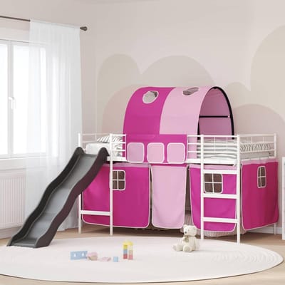 Homgoday Loft bed met glijbaan en gordijnen - staal, wit/roze, 207 x 220 x 175 cm - kinderkamer hoogslaper Model42020865