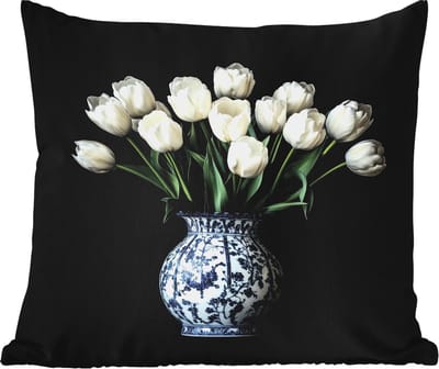 Buitenkussen - Wit - Bloemen - Tulpen - Vaas - 45x45 cm - Weerbestendig
