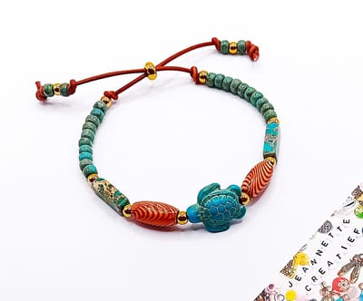 Jeannette-Creatief® - Natuursteen - Armband Leer Schildpad Natuursteen Bruin Turquoise - Armband met Schuifknoop - Miyuki Picasso Rocailles - Jaspis Sediment Turquoise - Houten Kralen - Natuursteen - Schildpad - RVS kraaltjes - Miyuki Armband