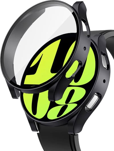 Hoesje + Screenprotector Samsung Galaxy Watch 6 44mm – Gehard Glas Cover + Shock Proof Case – Zwart
