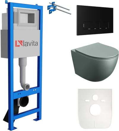 LAVITA® Inbouwreservoir Complete Toiletset LAV 101 - Inbouw WC Hangtoilet Wandcloset SINTO GREY Grijs Mat - Bedieningsplaat 200.3.4 Zwart - Voorwandelement voor toilet 40cm - Installatiesysteem