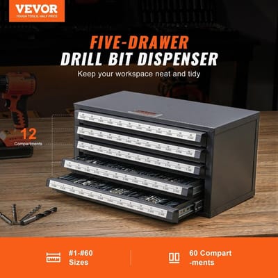 Boormachine Bit Dispenser Kast, 3 Stuks Drie Lades voor 1/16  tot 1/2  & Alfabetische Maten A tot Z, Vijf Lades Boormachine Organizer voor Draadmeter Maten #1 tot