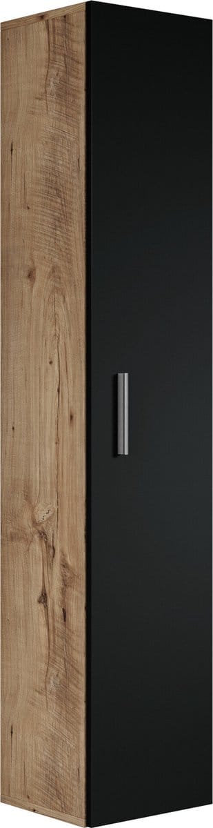 Badplaats Badkamerkast Pluto 30 x 30 x 150 cm – Kastanje Eiken met Zwart – Hangende Kolomkast Hoog met 1 Deur