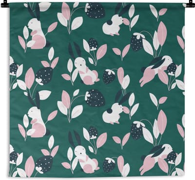 Wandkleed - Wanddoek - Aardbeien - Patronen - Konijnen - 180x180 cm - Wandtapijt