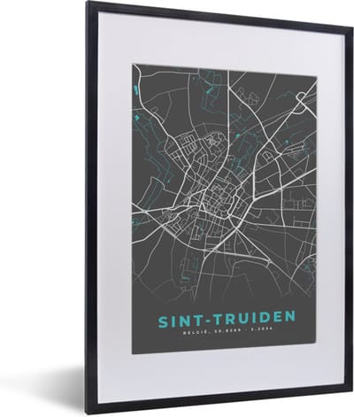 Fotolijst incl. Poster - Plattegrond – Sint Truiden – Blauw – Stadskaart - Kaart - 30x40 cm - Posterlijst