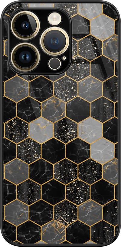 Casimoda® hoesje - Geschikt voor iPhone 14 Pro - Hexagons Zwart - Luxe Hard Case Zwart - Backcover telefoonhoesje - Zwart