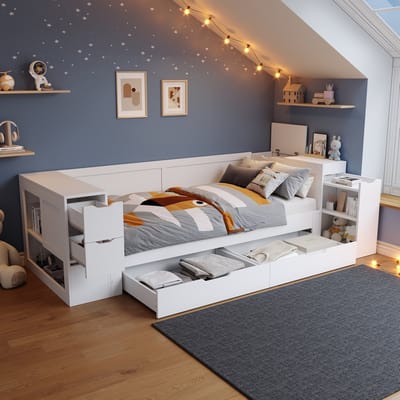 MEUNIQ Kinderbed daybed 90 x 200 cm met lattenbodem, bedlade, opbergruimte en nachtkastje, eenpersoonsbed voor kinderkamer, wit