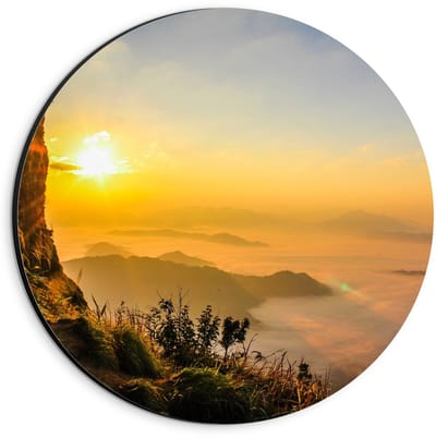 Dibond Wandcirkel - Zonsondergang bij de Bergen - 20x20cm Foto op Aluminium Wandcirkel (met ophangsysteem)