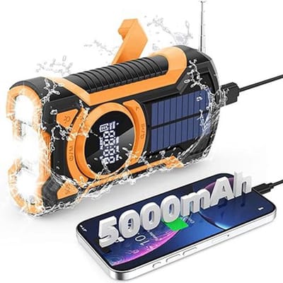Noodradio met Zwengel & Zonnepaneel – 5000 mAh Powerbank – Bluetooth Speaker – AM/FM/SW – SOS-Alarm & Zaklamp – Voor Noodpakket & Outdoor