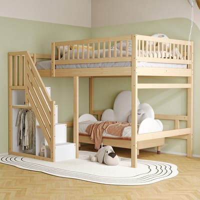 Massief Houten Bed - 140 x 200 cm - Met Opbergtrap en Hekwerk - Kinderbed - Hout - Natuur