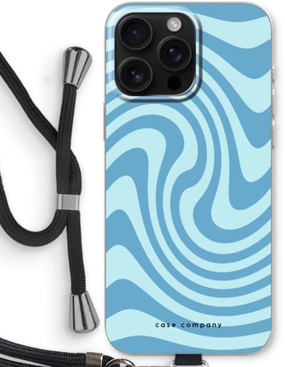 Case Company® - Hoesje met koord geschikt voor iPhone 16 Pro Max hoesje met Koord - Swirl Blauw - Telefoonhoesje met Zwart Koord - Bescherming aan alle Kanten en Over de Schermrand