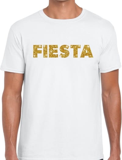 Fiesta goud glitter tekst t-shirt wit heren - heren shirt Fiesta S