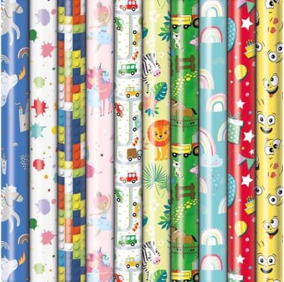 Cadeaupapier - Kindermotief - Verschillende Dessins - 200 cm X 70 cm - Mix assortiment - Vele Kleuren - Inpakpapier - 5 rollen