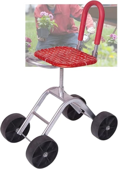 Tuinkar Op Wielen - Werkstoel Tuin - Tuinieren Gemakkelijk - 360° Draaibare Zitting - Verstelbaar 36-48cm - Rood