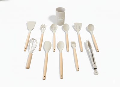 Bavary Collection – 12-delige Siliconen Keukenset – Houten Handgreep – Hittebestendig – Complete Spatelset, Lepels & Tangen – BPA-vrij – Luxe Kookgerei Set