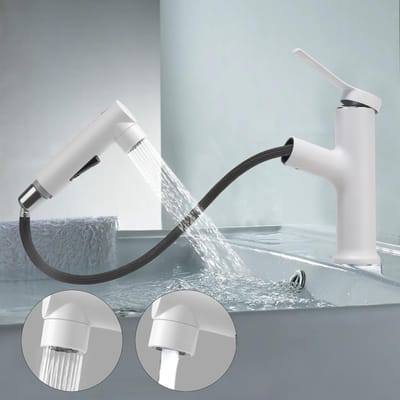 Uittrekbare Badkamerkraan met 3 Waterstralen, Enkelhandige Mengkraan voor Koud en Warm Water, Wit Design