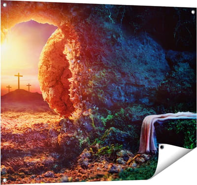 Gards Tuinposter Kruisiging bij Zonsopgang - Opstanding Jezus - 100x80 cm - Tuindoek - Tuindecoratie - Wanddecoratie buiten - Tuinschilderij