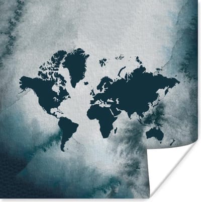 Poster 30x30 cm - Wereldkaart - Aquarel - Blauw - Posters - Kamer decoratie - Wanddecoratie woonkamer - Muurdecoratie slaapkamer