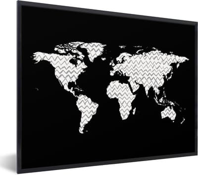 Poster in lijst - Fotolijst 80x60 cm - Posters - Wereldkaart - Patroon - Zwart - Posterlijst zwart - Decoratie - Wanddecoratie woonkamer - Muurdecoratie slaapkamer