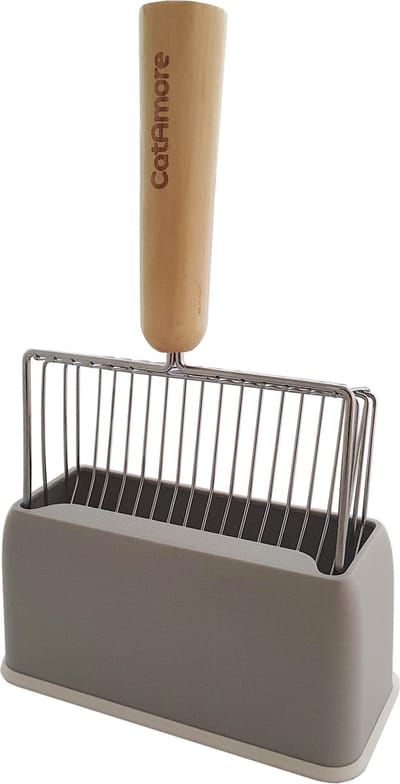 CatAmore Kattenbakschep Deluxe RVS incl. houder - super snel scheppen - comfortabele houten handgreep