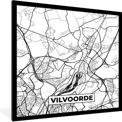 Fotolijst incl. Poster Zwart Wit- Zwart Wit – België – Plattegrond – Stadskaart – Kaart – Vilvoorde - 40x40 cm - Posterlijst